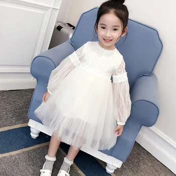 2020 Vestido de Manga Larga de las Niñas Puff Manga de Encaje suave Hilo de Seda de Color Sólido Dulce Princesa Vestidos de Primavera Otoño coreano