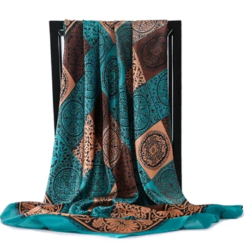 Pañuelos de seda, Impresión de las Mujeres Foulard de Raso de Cabeza Cuadrada Hiyab Bufandas Para las Señoras de la Marca de Lujo de los Mantones de 90 cm Pañuelo de la mujer silenciador Bufanda
