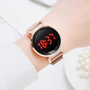 Las Mujeres de lujo Magnético de Cuarzo reloj de Pulsera de Oro Rosa de color Rojo LED Digital Reloj de Pulsera de Reloj de Cuarzo de las Señoras del Reloj de relogio feminino