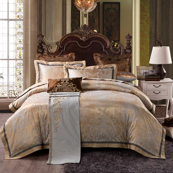 4 piezas de color Gris oro Jacquard conjuntos de ropa de cama queen king size duvet cover set de Seda de mezcla de Algodón Tejido de lujo, ropa de cama