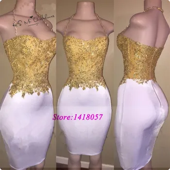 Vestido de Cóctel Vestidos de Fiesta Corto de Oro Apliques de Encaje Blanco de la Vaina Caro Longitud de la Rodilla, Mini-Graduación Vestido de Regreso a casa de 2020
