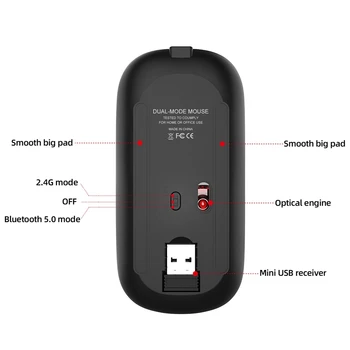 Ratón inalámbrico Equipo de Bluetooth del Ratón en Silencio un Ratón de PC Recargable Ergonómico Ratón 2.4 Ghz USB ratón Óptico para ordenador Portátil(Negro