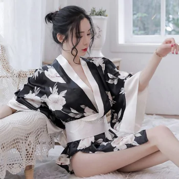 Profunda V-cuello de Satén de Seda del Camisón para Mujer Japonesa en Kimono Yukata ropa de dormir Estilo Suelto de Baño Traje Pijamas, Lencería Floral