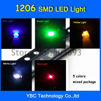 5valuesx100pcs=500pcs 1206 SMD LED Ultra Brillante de color Rojo/Verde/Azul/Blanco/Amarillo Diodo LED de Luz