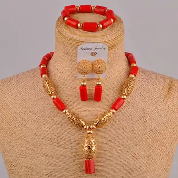 Africano de Bolas Cilíndrico Rojo de la Joyería de Coral cuenta del Collar de la Moda de la India Nigeria Joyería de la Boda Conjuntos de SH-02