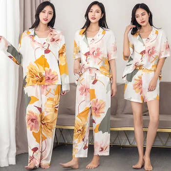 Las mujeres de la Impresión de Conjunto de Pijama de Manga Larga y Pantalones, ropa de dormir Pijamas Ropa de las Mujeres de Algodón Viscosa Pijama Femme Ropa para el Hogar