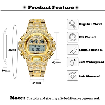 MISSFOX Multi-función G Estilo de Descarga Digital para Hombre de los Relojes de Lujo de la Marca LED de Oro 18K Reloj de los Hombres de Hip Hop Macho Helado Relojes