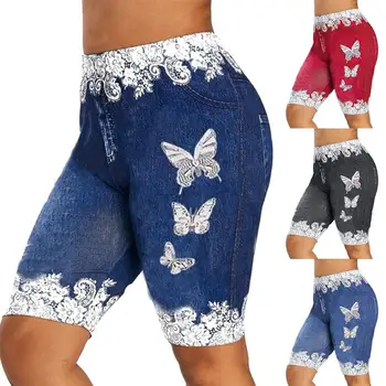 Las Mujeres De La Moda De Encaje Patchwork Mariposa De Impresión Cortos De Deportes Minipants Caliente Pantalones Slim Jeggings De Mezclilla Skinny