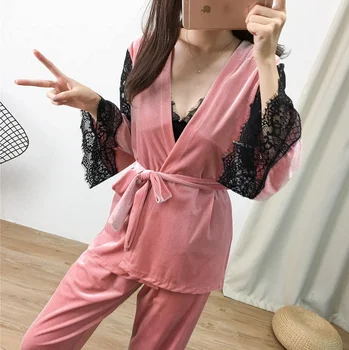 3 piezas de Oro terciopelo Mantener Caliente el Pijama de Encaje Sexy Traje+Pijama+Pantalón Largo Conjunto de Pijama Para Mujer