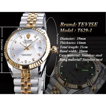 TEVISE Dial de Diamante 30M Impermeable Blanco de Oro de Acero Inoxidable Luminoso de la Mano de la Fecha Reloj Deportivo Masculino Mecánico Automático Reloj