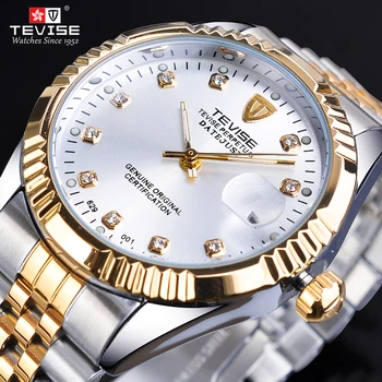 TEVISE Dial de Diamante 30M Impermeable Blanco de Oro de Acero Inoxidable Luminoso de la Mano de la Fecha Reloj Deportivo Masculino Mecánico Automático Reloj