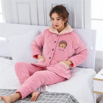 Las mujeres Pijamas Conjuntos de Otoño Invierno de Franela de Tres capas Engrosamiento de la ropa de dormir Pantalones de Pijamas Trajes de Hogar se Adapte Pijama de Mujer de 2019
