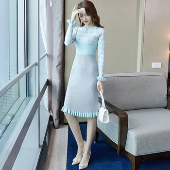 2020Autumn nueva versión coreana de slim adelgazante temperamento suéter Tutu moda falso de dos piezas vestido de marea