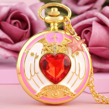 Excelente la Magia de diamante de imitación de SAKURA Pocket Reloj de Cuarzo de Lujo Collar de Oro COS FOB de la Cadena de Reloj para Niñas con la Luna de la Estrella de Accesorios