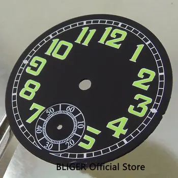 Clásico 35MM Negro Estéril de línea Verde Numerales Marcas Luminosas Dial del Reloj Ajuste De ETA 6498 Mano Movimiento de cuerda D4