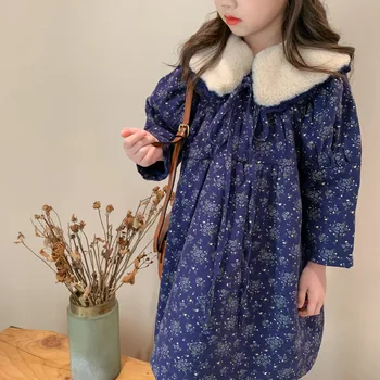 Invierno Nueva Llegada de corea del estilo de niña de flores de algodón impreso vestido de princesa de engrosada desmontable con cuello de lana