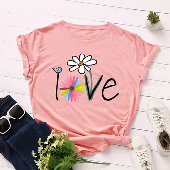 El verano Más el Tamaño de Camiseta Nueva de la Flor de Impresión de la Camiseta de Algodón de las Mujeres T-Shirt O Cuello de Camisetas de Manga Corta para las Mujeres de color Rosa Tops