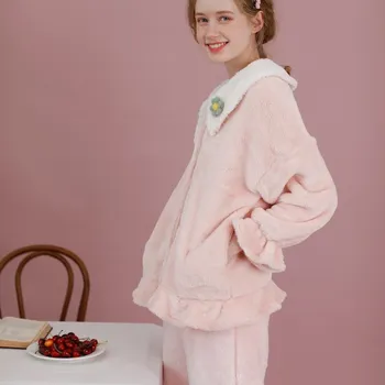 Moda Caliente de Espesor de Franela de las Mujeres Conjuntos de Pijamas Lindos de las Niñas de Manga Larga Chaqueta de ropa de dormir de Invierno, de Otoño de la Casa de Pijamas