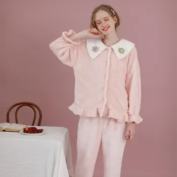 Moda Caliente de Espesor de Franela de las Mujeres Conjuntos de Pijamas Lindos de las Niñas de Manga Larga Chaqueta de ropa de dormir de Invierno, de Otoño de la Casa de Pijamas