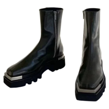 Metal de pies cuadrados de la plataforma de Martin botas de 2020 otoño nueva tendencia de tacón grueso lado de la cremallera de hierro de pies Chelsea botas de tobillo de las mujeres en Europa