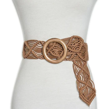 Vintage Amplia Bohemio Cinturones Para Las Mujeres Redondas De Madera Hebilla De Tejido Trenzado De La Cuerda De La Correa Femenina Casual Crochet Bohemio Vestido De Cintura