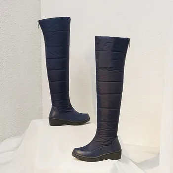 MORAZORA GRAN TAMAÑO 35-44 Caliente hacia abajo botas de nieve de las mujeres de la felpa con cremallera sobre la rodilla botas altas negro azul damas de algodón botas de invierno
