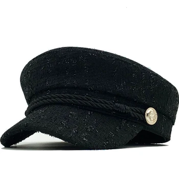 Caliente gorro de Lana cap para las mujeres casual ropa de la cuerda de tapa plana elegante sólido otoño invierno caliente de Metal de la cadena de boina sombrero de mujer
