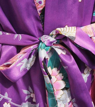 Marca Púrpura Femenino Impreso Floral Vestido Kimono Vestido de Estilo Chino de Seda de la Túnica de Raso Camisón de Flores S M L XL XXL