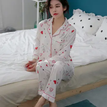Sección delgada de Hielo de Seda del Pijama de Mujer de Verano coreano de la Moda de Lunares de Manga Larga de Dos piezas Sueltas Servicio a domicilio Traje de Pijamas Mujer