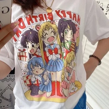 Kuakuayu HJN Japonesa Sailor Moon Impresión Lindo de la Camisa de las Mujeres de la Muchacha de gran tamaño Gracioso Graphic Tees de Harajuku de Complementos de Moda de Manga Corta de la parte Superior