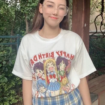 Kuakuayu HJN Japonesa Sailor Moon Impresión Lindo de la Camisa de las Mujeres de la Muchacha de gran tamaño Gracioso Graphic Tees de Harajuku de Complementos de Moda de Manga Corta de la parte Superior