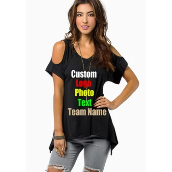De gran tamaño 4XL 5XL Europeo de las Mujeres Occidentales T camisa de los Hombros Fuera de la Irregular Mujeres V Cuello Tops Logotipo de encargo de la Foto Texto Impreso Camiseta