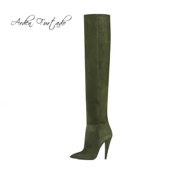 Arden Furtado 2018 otoño invierno de la moda de cono tacones tacones de 10cm negro verde suede altura de la rodilla con pliegues botas sexy zapatos de mujer