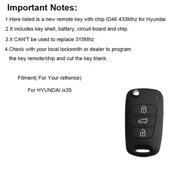 Reemplazo 3Buttons tecla del control Remoto Ajuste Para Hyundai I30 IX35 433Mhz Chip transmisor ID46 JUGUETE de la Cuchilla de la llave de la Original