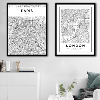 Vintage de Londres y París Mapa Nórdicos Carteles Y Grabados, Arte de la Pared de la Lona de Pintura de Imágenes de la Pared Para Vivir Decoración de la Habitación