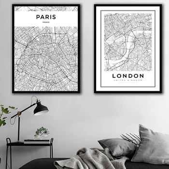 Vintage de Londres y París Mapa Nórdicos Carteles Y Grabados, Arte de la Pared de la Lona de Pintura de Imágenes de la Pared Para Vivir Decoración de la Habitación