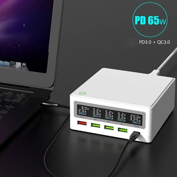 5-Puerto QC3.0 USB Tipo C EP 65W Adaptador de la Energía Qi Inalámbrico Cargador de teléfono Móvil Cargador Rápido de la Estación Para Portátil Teléfono Móvil