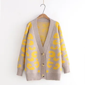 Las mujeres de la impresión del Leopardo Cárdigan suelto nuevo estilo de punto suéter de la moda abrigo otoño invierno ropa de abrigo