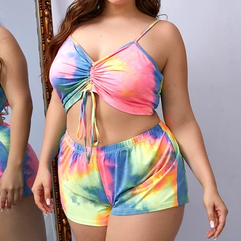 2021 Nueva de Gran Tamaño 5XLTie teñido de Impresión Femenino Conjunto de Pijama Sexy pantalones Cortos para Mujer de la ropa de Dormir Conjunto de Más el Tamaño de la Casa de Traje