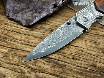 LCM66 Damasco cuchillo Plegable hecha a Mano forjado cuchillo cuchillo de caza 60HRC mango de palo de rosa con Portátil cuchillo Herramientas Afiladas al aire libre