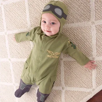 Bebé recién nacido Niños Outwear Peleles Traje de Piloto de la Fuerza Aérea Capitán del Ejército Verde de Manga Larga de Niño Ropa de Bebé con Sombrero de Bebé