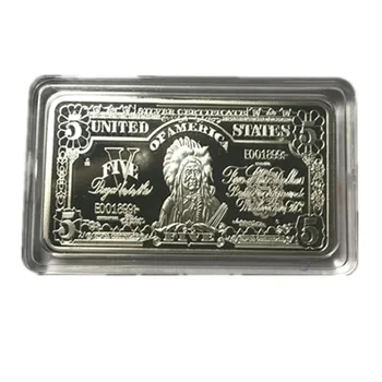 5 piezas de plata pura chapado en 5 dólares lingote de 50 mm x 28 mm Americana insignia decoraiton barra de envío de la gota orden aceptable dólar con
