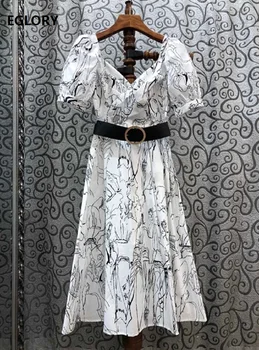 Algodón Vestido De Verano De 2020 Diseñador De Moda De Las Mujeres Asimétrica Sexy Collar Resumen De Impresión De Manga Corta Blanco Azul Vestido De La Correa