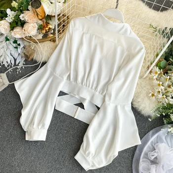 Blusen damen otoño 2021 nuevo diseño de manga larga de algodón blusa OL blanco negro de cintura delgada hueco camisetas de bluse chemisier