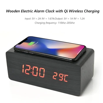 Hogar Digital Decoración de Madera Eléctrico, Reloj despertador con Wireless Charging Pad Digital LED del Cargador para el Dormitorio