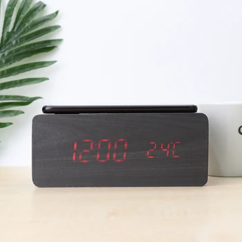 Hogar Digital Decoración de Madera Eléctrico, Reloj despertador con Wireless Charging Pad Digital LED del Cargador para el Dormitorio