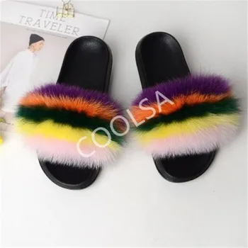 Verano de las señoras de colores de Piel de Zorro Mullidas Zapatillas de Mujer de Piel de Diapositivas Real Fox Cabello Sandalias de Mujer Hermosa de la Felpa de Piel Zapatos de Flip Flops