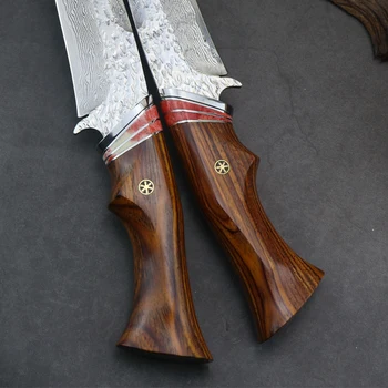 Samurai 60 HRC hechos a Mano Damasco caza recta cuchillo de palo de rosa de hueso de color turquesa de la manija con piel de vaca cuero de la vaina