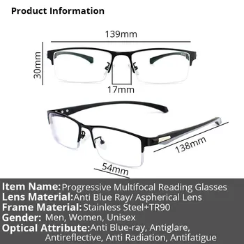 Multifocal Progresiva Gafas De Lectura Para Los Hombres Contra El Rayo Azul De Metal Rectangular De Medio Fotograma De Gafas +125+175+225+275