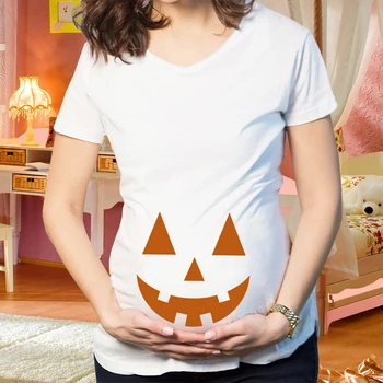 2020 Halloween Ropa de Maternidad de Verano V-cuello de Manga Corta de Calabaza de Impresión camisetas en Blanco/Negro Mujeres Embarazadas Camisetas